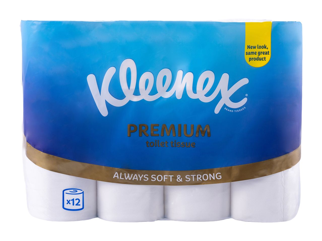 Συσκευασία 12 ρολών χαρτιού υγείας premium με κείμενο «Νέα εμφάνιση, ίδιο εξαιρετικό προϊόν» και «Πάντα απαλό & δυνατό»