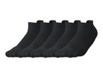 Five pairs of black ankle socks, neatly arranged in a row.