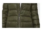 Close-up of a dark green puffer jacket with a partially zipped silver zipper