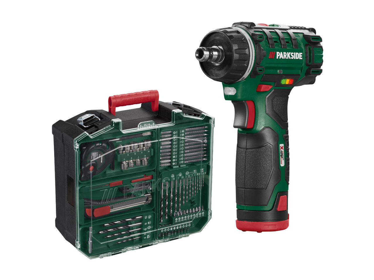 Akumulatorski vrtalnik in set svedrov ter nastavkov v škatli.