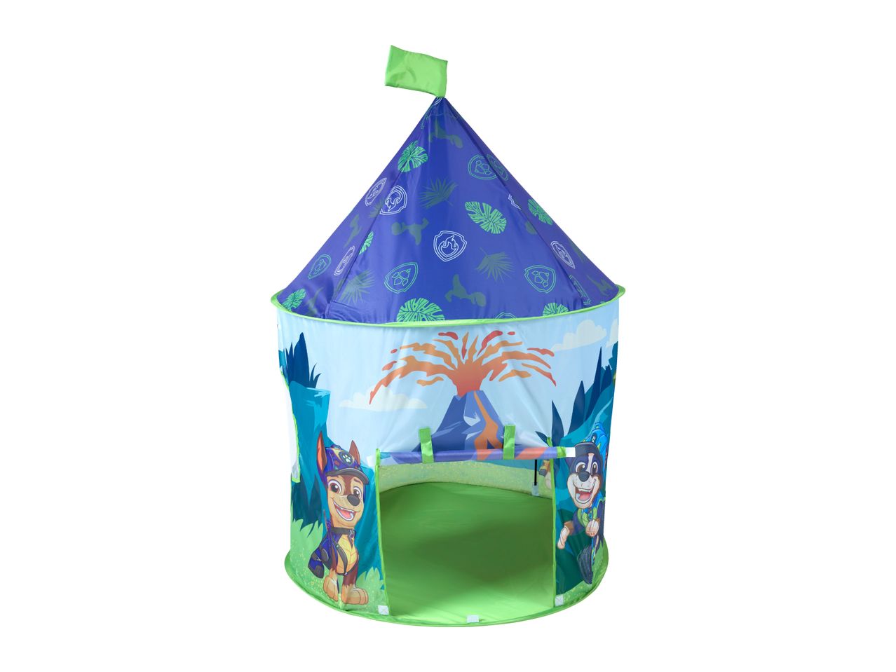 Children's play tent with a blue and green dinosaur theme, featuring cartoon dog characters.