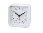 A white square analog alarm clock.