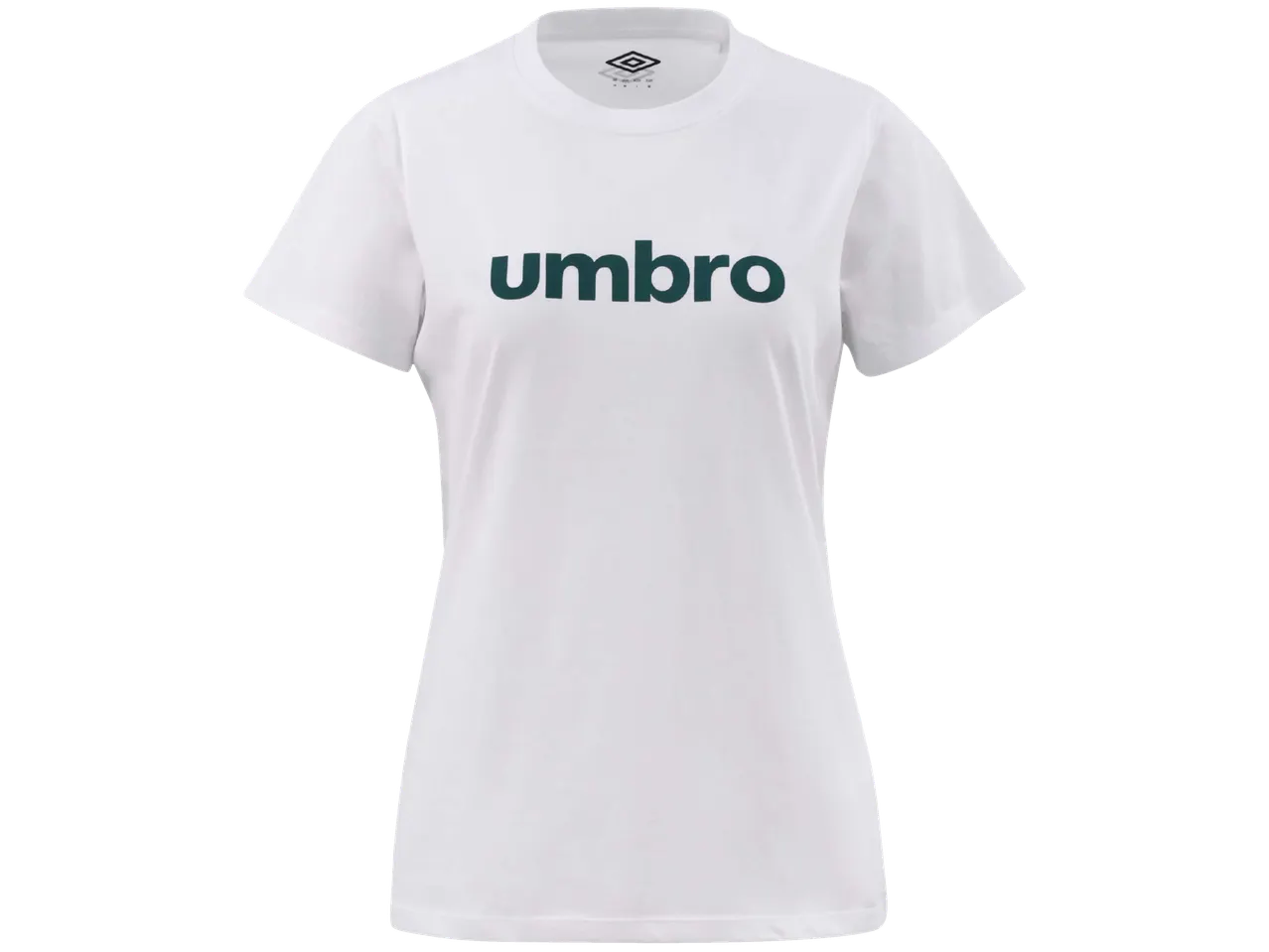 Moteriški balti Umbro marškinėliai su tamsiai žaliu logotipu priekyje.