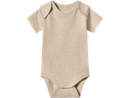 Light beige short-sleeved baby bodysuit with snap closures.
