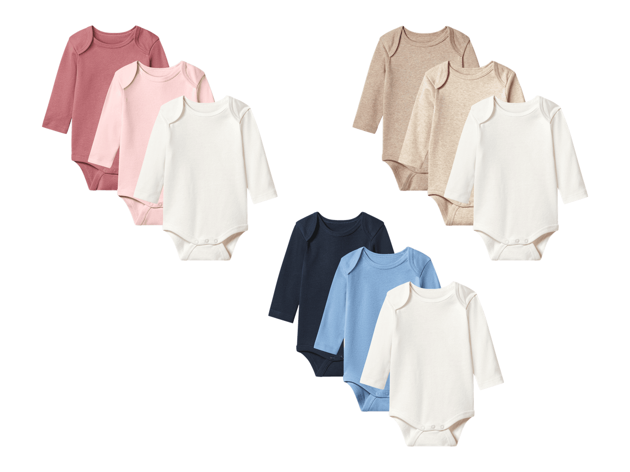 Kolme settiä vauvan pitkähihaisia bodyja eri väreissä: vaaleanpunainen, beige ja sininen.