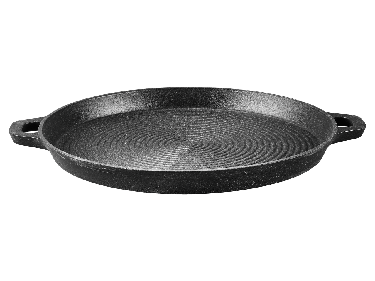 Округли, црни ливени шерпа са две дршке.