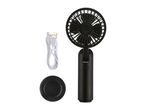 Black portable handheld fan with a white USB charging cable and a round base.