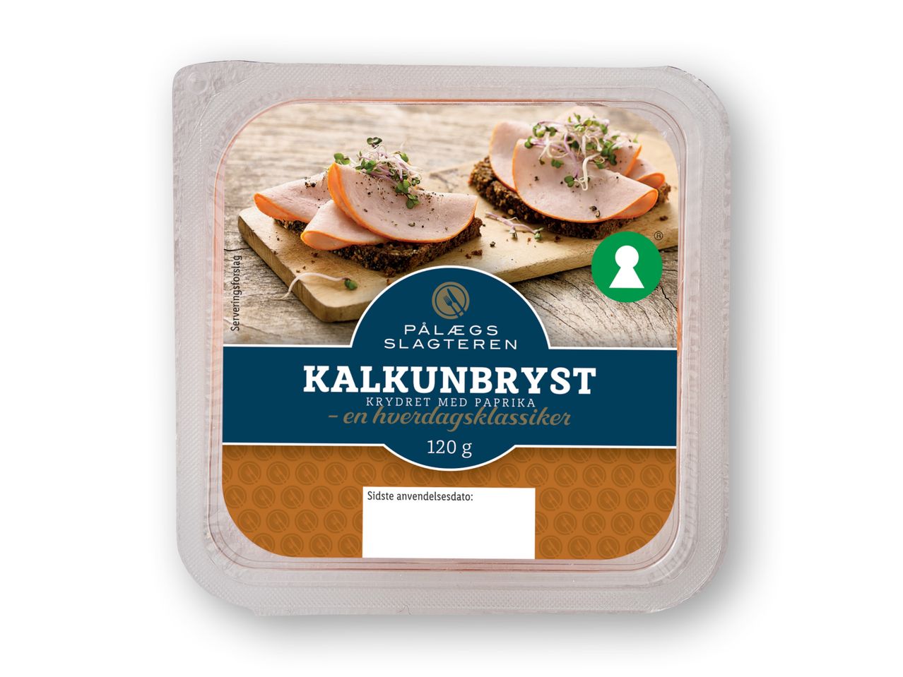 En pakke med skiver af kalkunbryst krydret med paprika, serveret på rugbrød med spirer.