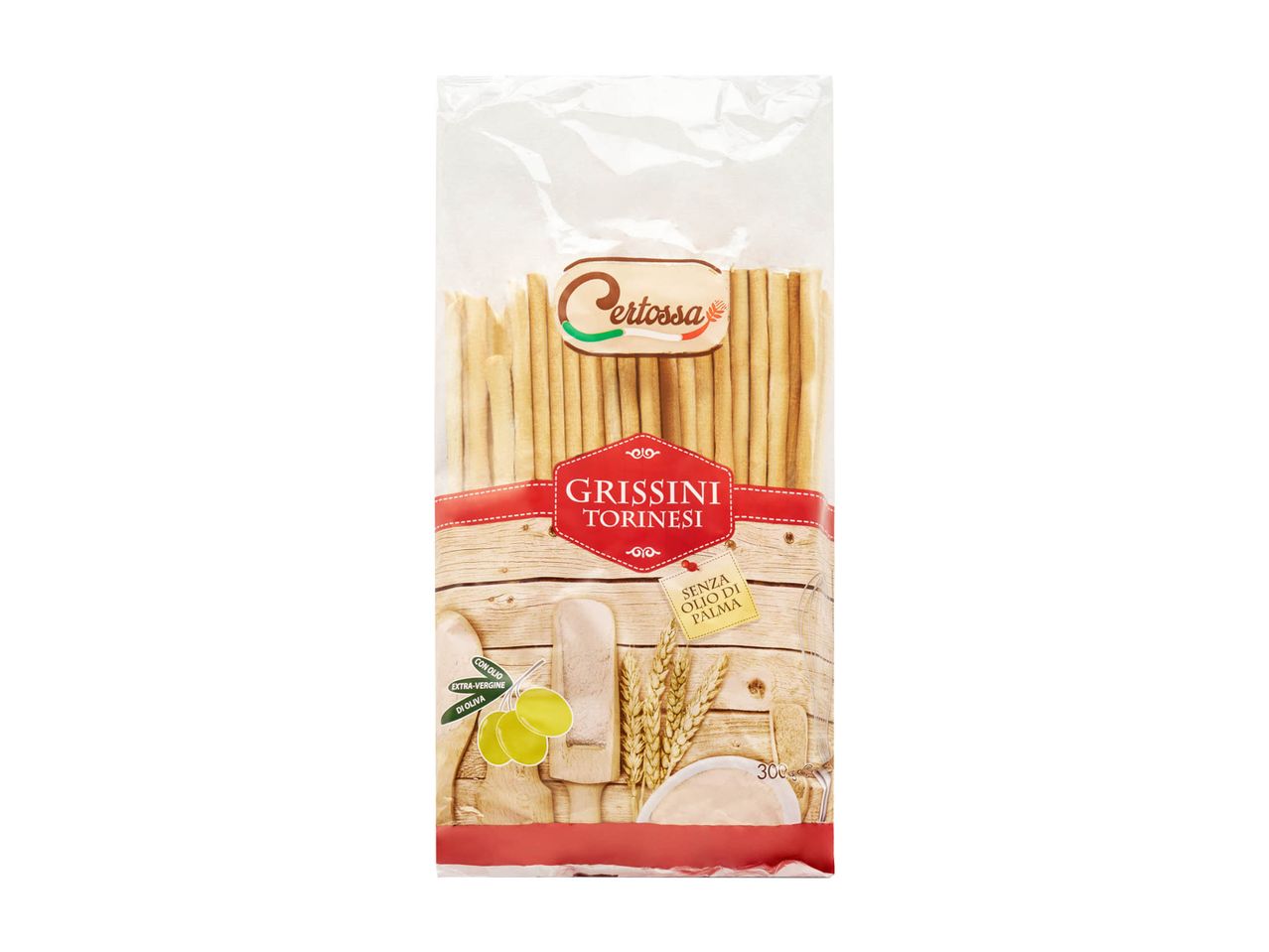 Certossa Grissini Torinesi: grissini croccanti in confezione trasparente.