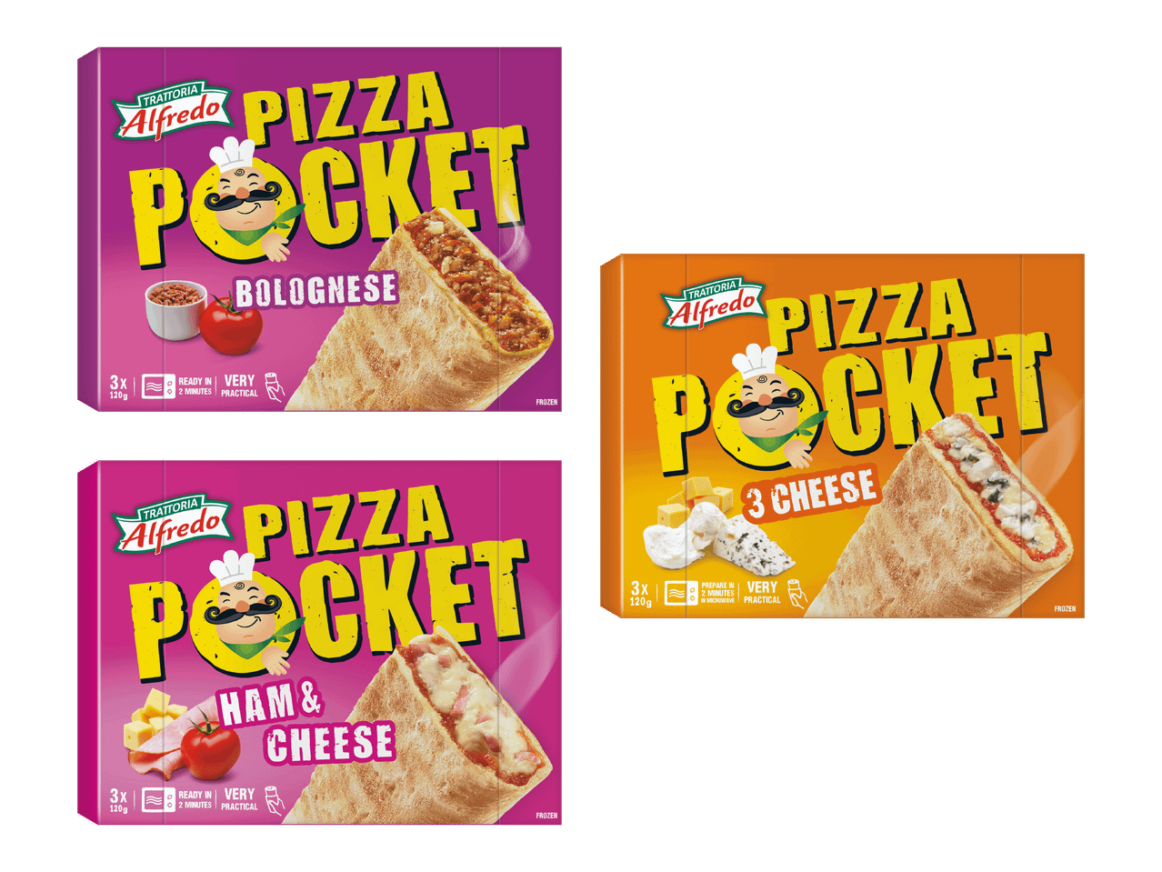 Kolme pakkausta Alfredo Pizza Pocket -tuotteita, joissa on eri makuja: bolognese, kolme juustoa ja kinkku-juusto.
