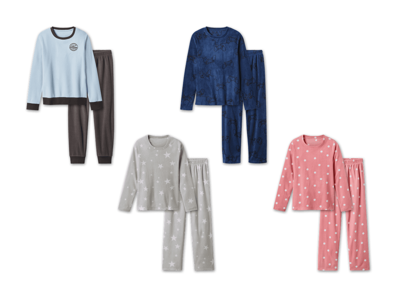 Vier Fleece-Pyjamas: hellblau mit 'Offline'-Logo, blau mit Gamecontroller-Muster, grau mit Sternen, rosa mit Punkten.