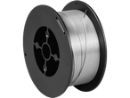 A spool of silver-colored welding wire on a black plastic reel.