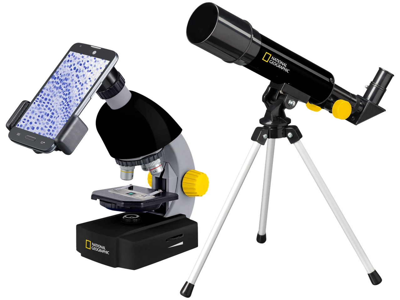 National Geographic mikroskopas ir teleskopas juodame fone.