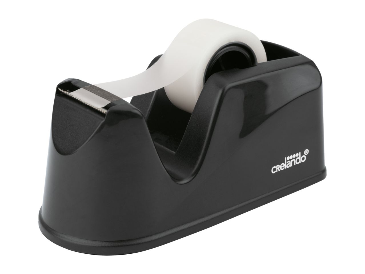 Black Crelado tape dispenser with a roll of white tape, isolated on a white background.