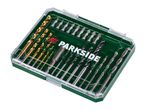 PARKSIDE drill and bit set in a green and clear plastic case.