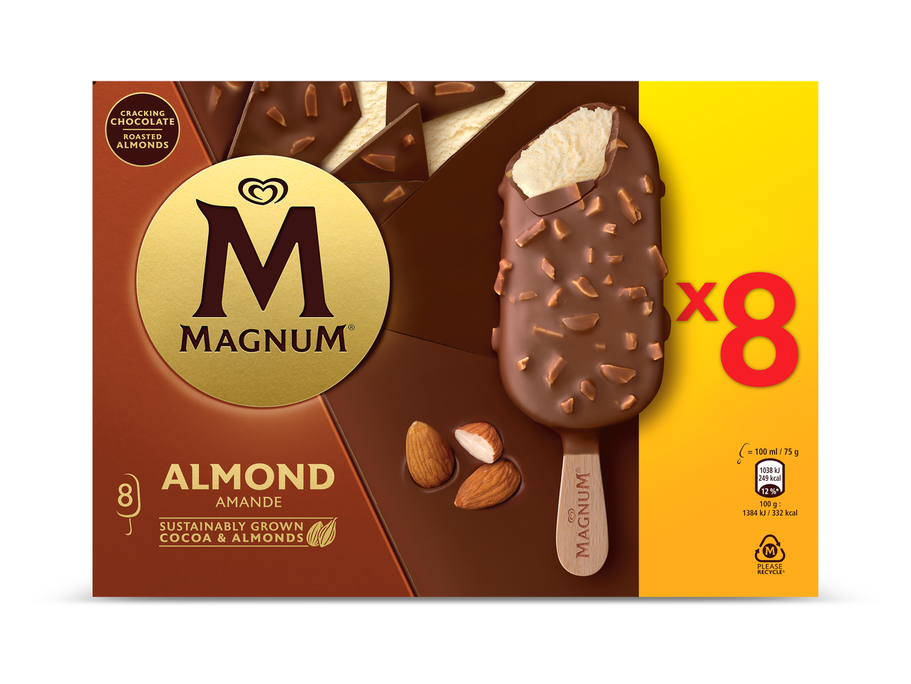 Verpakking van acht amandelijslolly's met chocoladecoating en stukjes amandel.