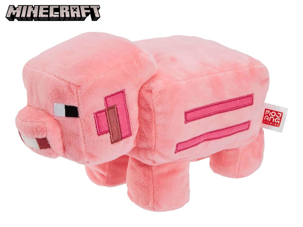 A pink plush pig toy with pixelated features, inspired by a popular block-building video game.