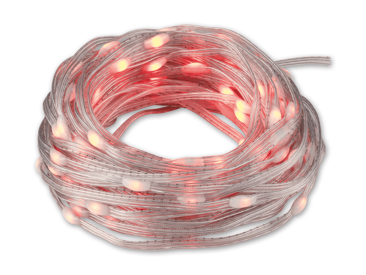 Aufgerollte Lichterkette mit roten LEDs auf schwarzem Hintergrund