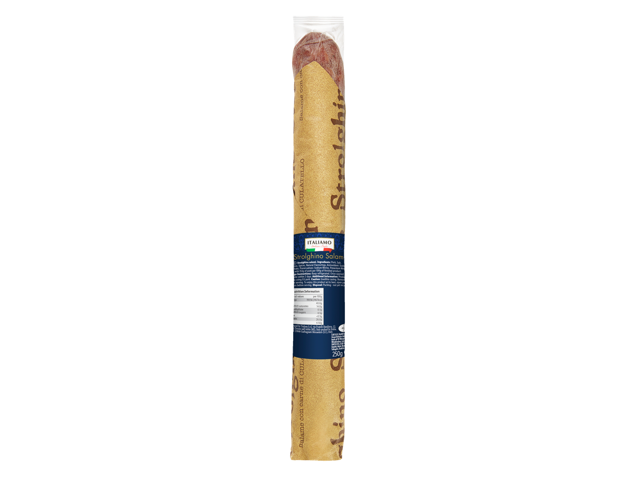 Italiamo Strolghino Pork Salami, 250g, with nutrition information and ingredients.