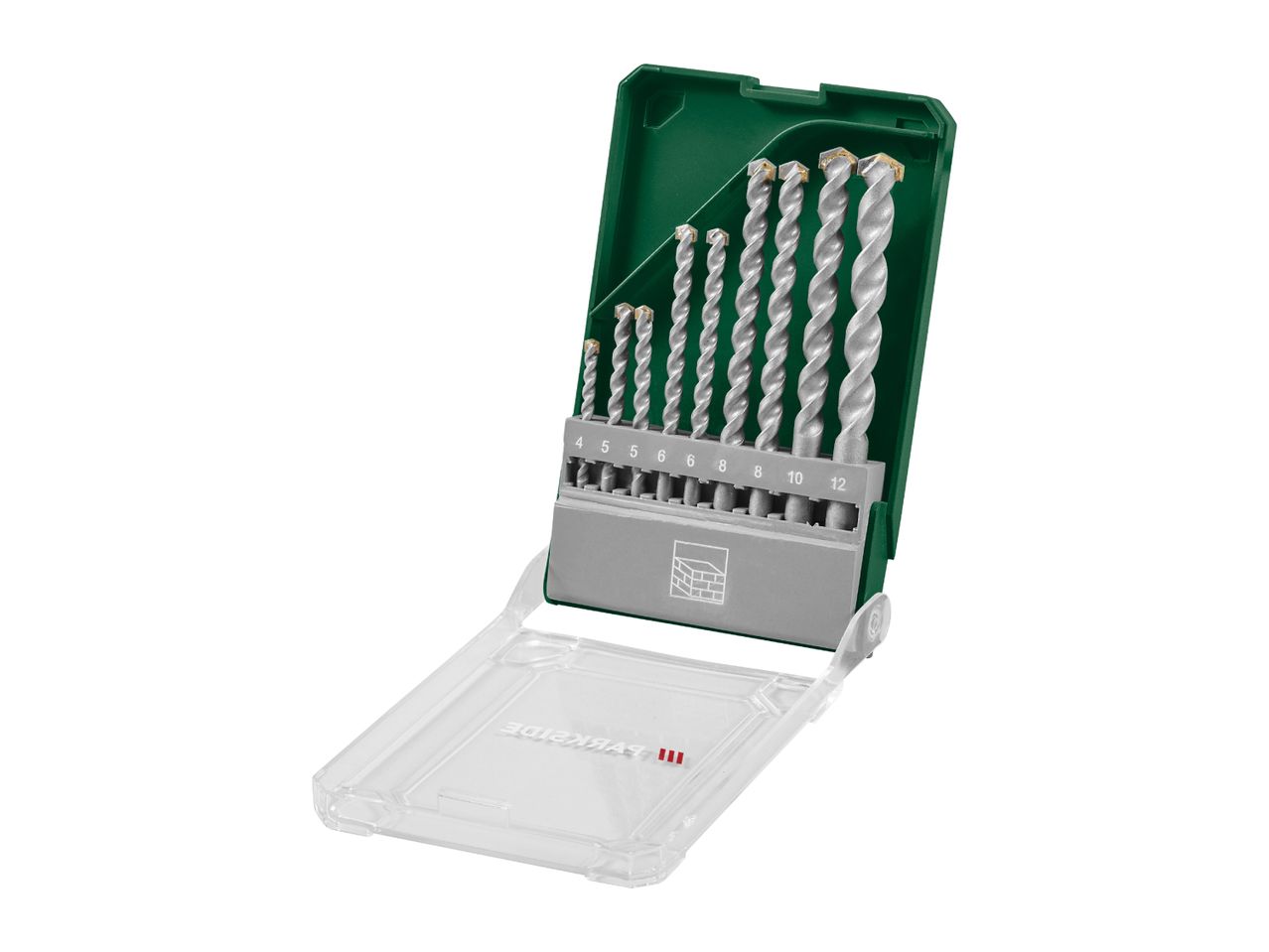 A set of 8 drill bits in a green and clear plastic case, with sizes 4 to 12 mm visible.