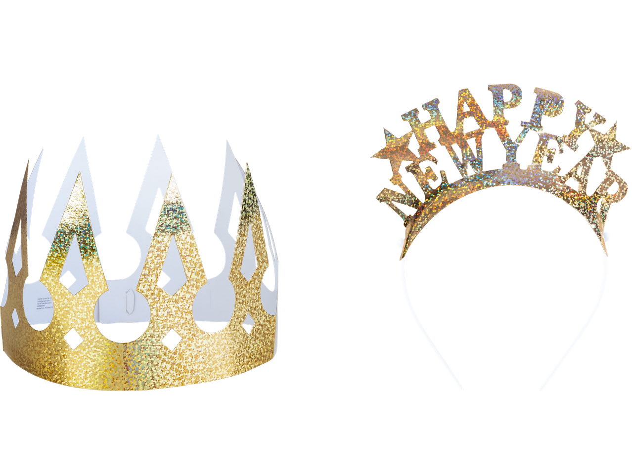 Ballītes piederumi: zelta kronis un galvassega ar uzrakstu „Happy New Year”