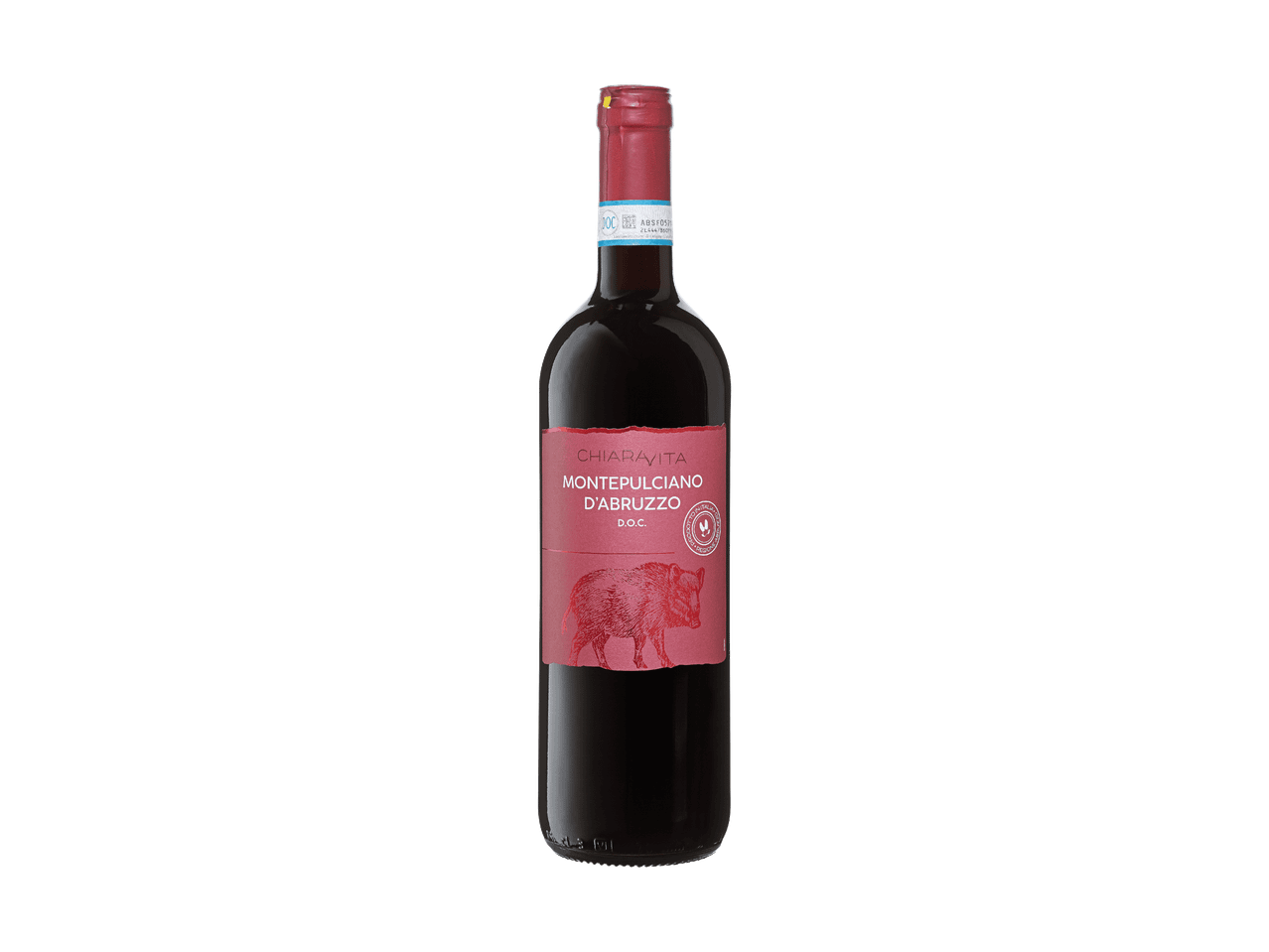 Eine Flasche Montepulciano d'Abruzzo Rotwein mit einer Wildschwein-Illustration auf dem Etikett.