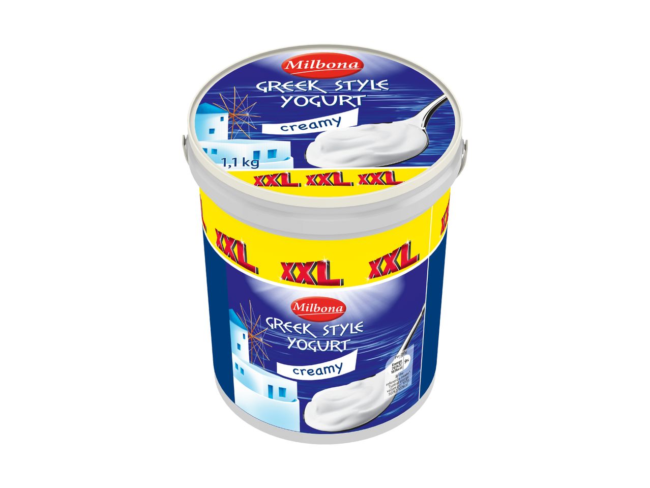 Milbona Greek Style Yogurt, creamy, in a large 1.1 kg XXL tub.