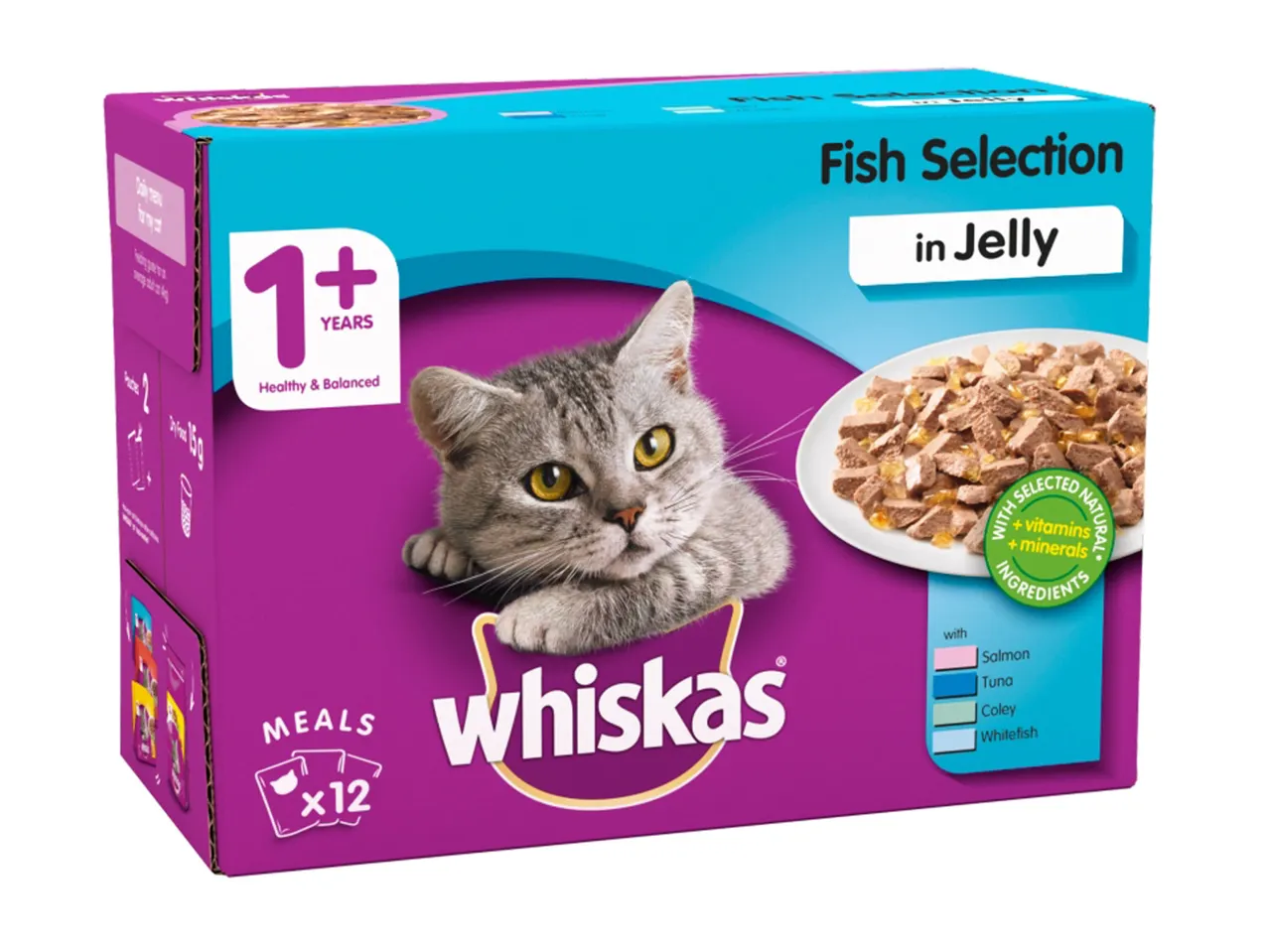 Whiskas Fish Selection in Jelly, 12 cat meals with salmon, tuna, coley and whitefish.