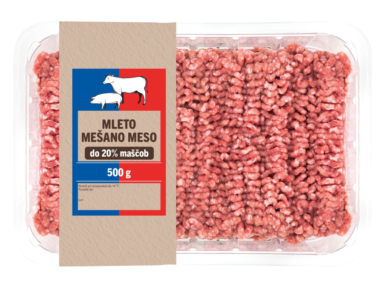 Paket mletega mešanega mesa z 20 % maščobe, 500 g.