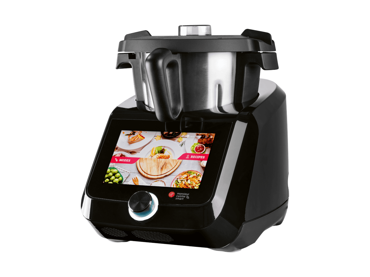 Schwarze multifunktionale Küchenmaschine mit großem Farbdisplay und Edelstahl-Mixbehälter.