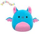 Squishmallows blue bat plush toy with pink accents.