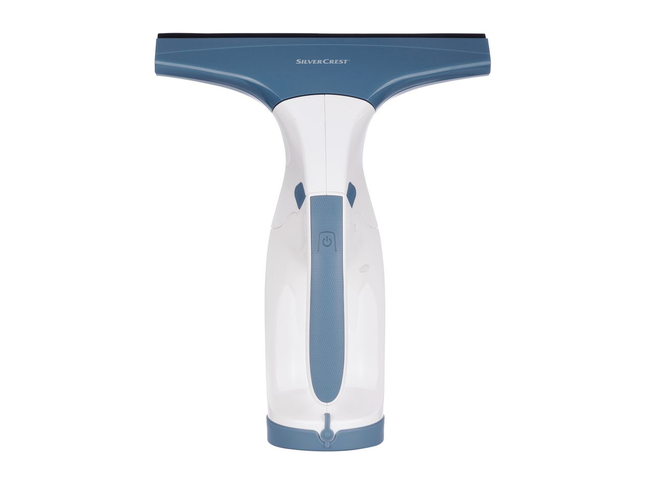 A blue and white window squeegee.