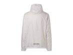 Back view of a white windbreaker jacket with a reflective strip