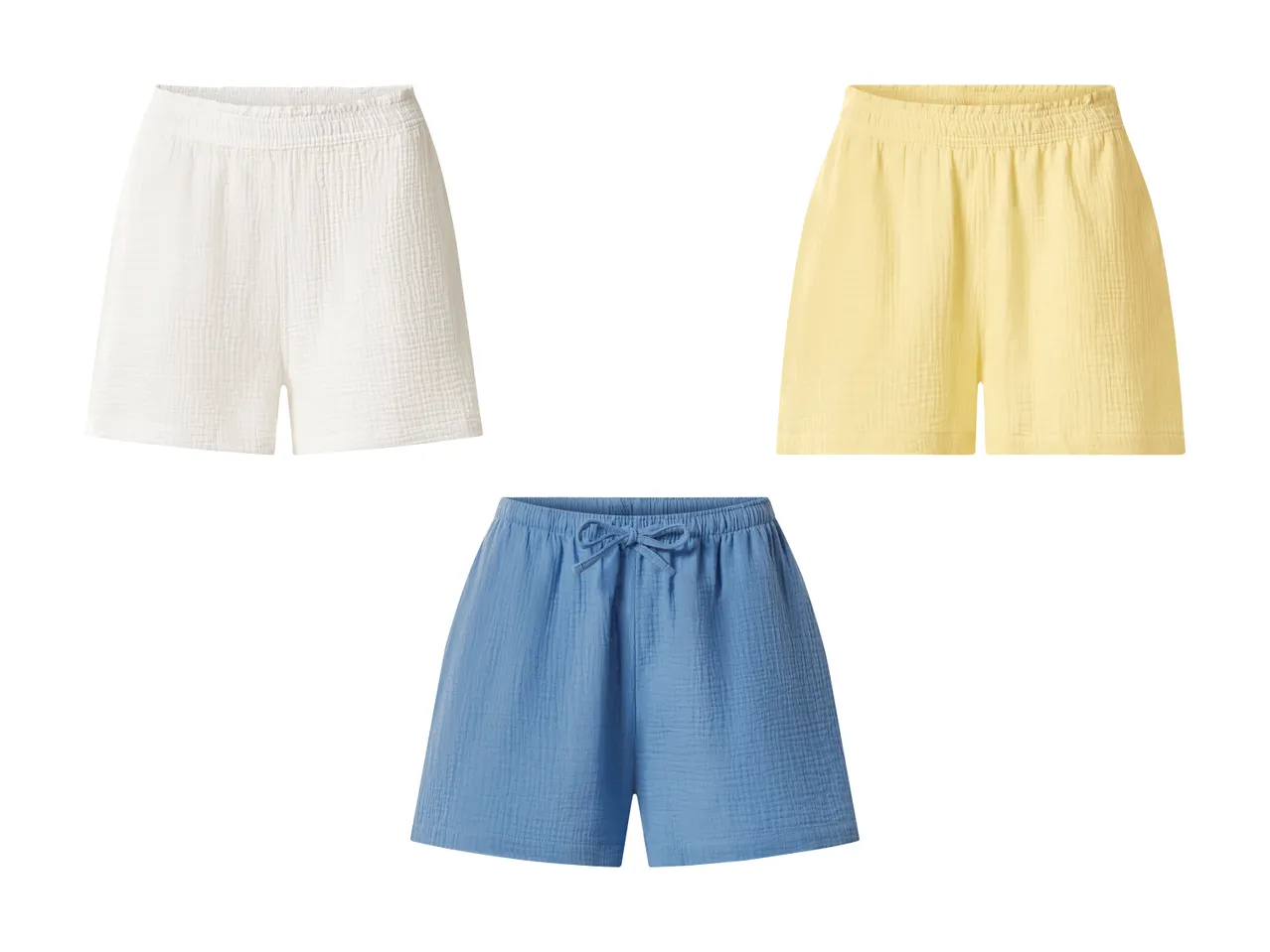 Tre par shorts i hvid, gul og blå med elastik i taljen og snøre.