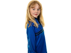 A young girl wearing a blue Kids' Training Jersey with black stripes and a zipper.