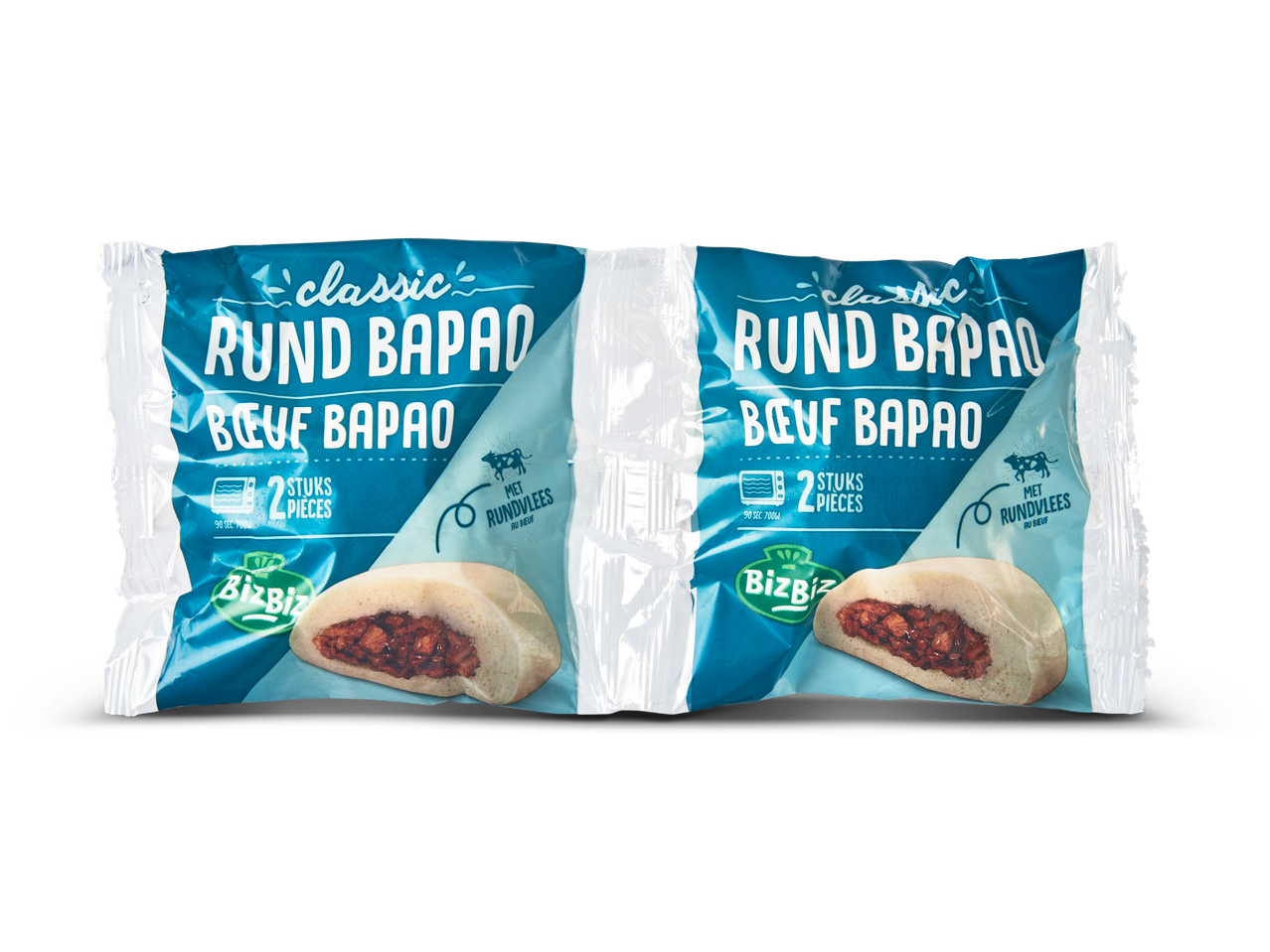 Twee BizBiz 'classic' rund bapao met rundvlees.
