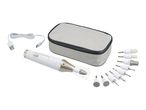 White electric nail file with various attachments, charging cable, and grey storage case.