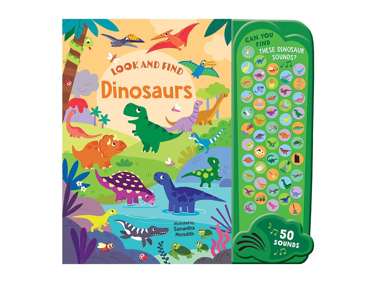 A children's book titled 'Look and Find Dinosaurs' with a sound panel featuring 50 dinosaur sounds.
