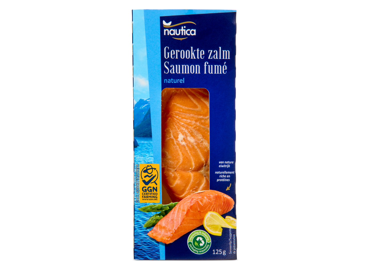 Nautica gerookte zalm, 125g verpakking.