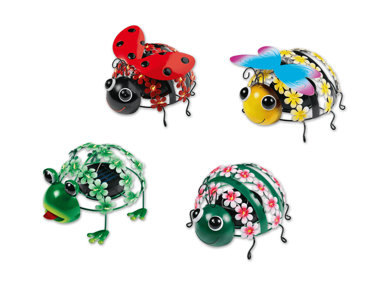 Vier solarbetriebene Gartenleuchten in Form von Marienkäfern, Bienen und Fröschen mit Blumendetails.
