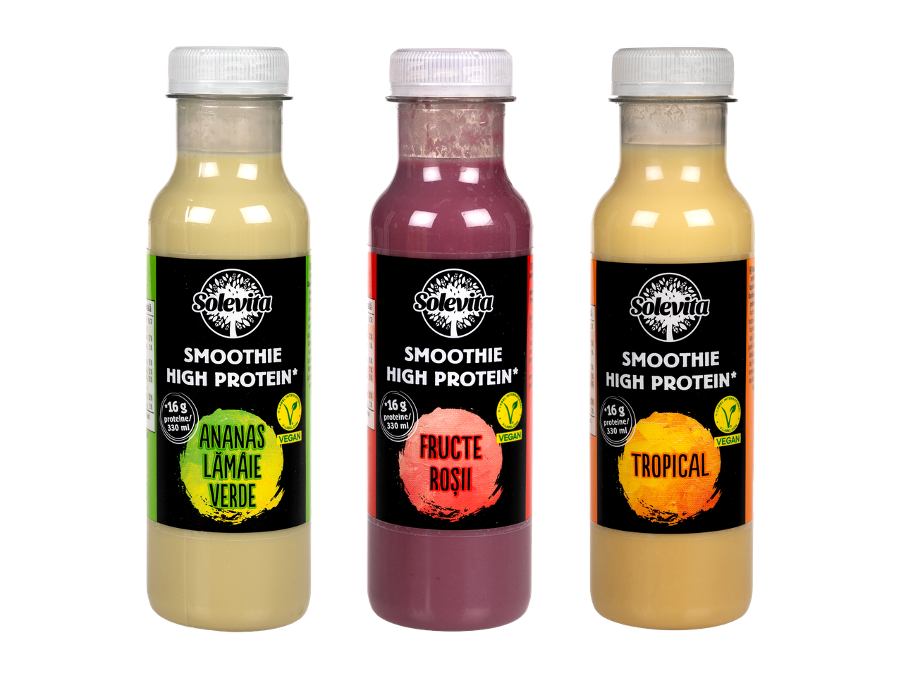 Trei smoothie-uri vegane Solvita High Protein cu ananas, fructe roșii și tropicale.
