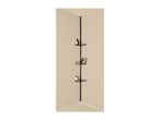 Black corner shower caddy with three shelves holding various bath products.