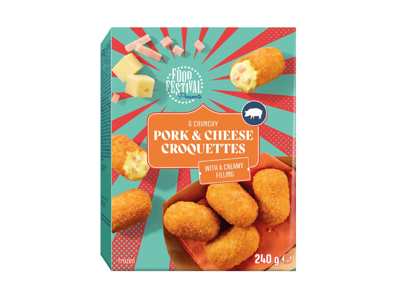 Frozen pork and cheese croquettes with a creamy filling, presented on a vibrant, retro-themed box.