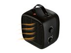 Black portable electric fan heater with a handle, emitting orange heat waves.
