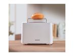 White toaster with a bun on a warming rack, on a wooden table.