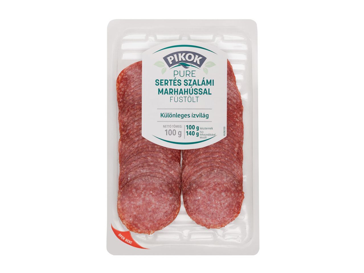 Szeletelt sertésszalámi marhahússal, füstölt, 100 g-os kiszerelésben.