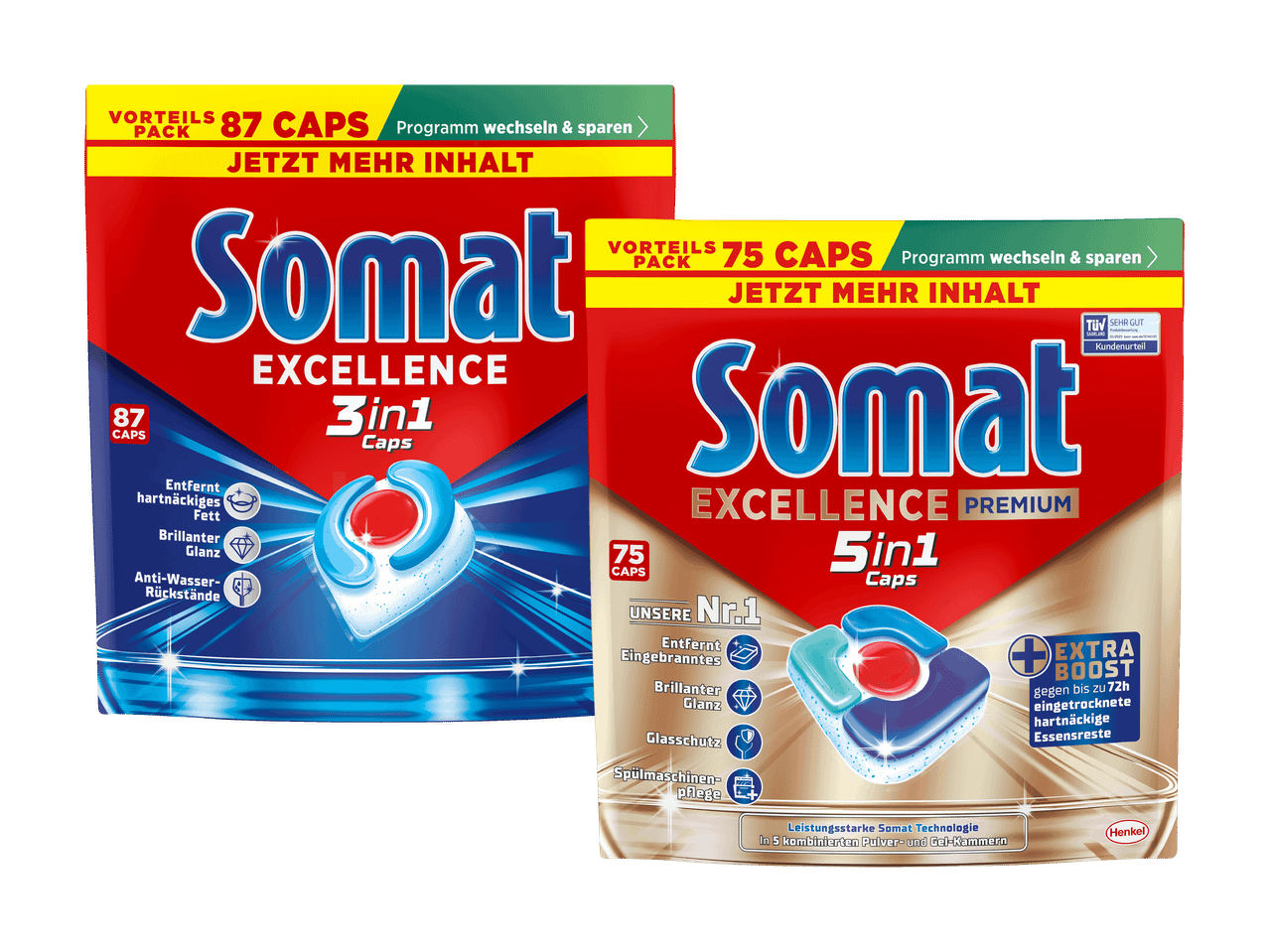 Somat Excellence 3in1 und 5in1 Geschirrspül-Caps in Vorteilspackungen.