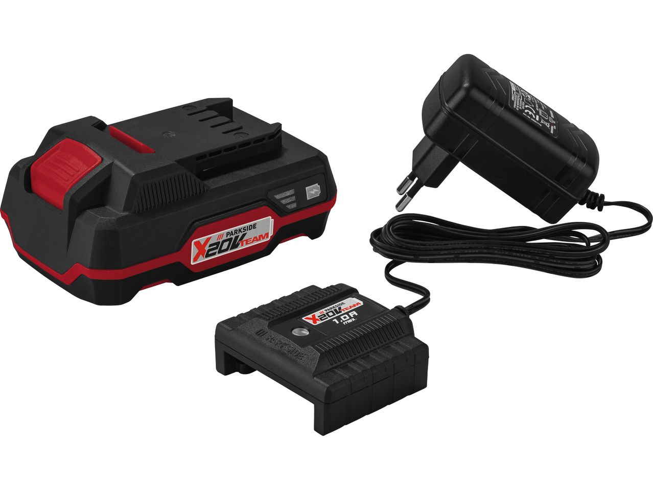 A black and red power tool battery with a charger and power adapter.