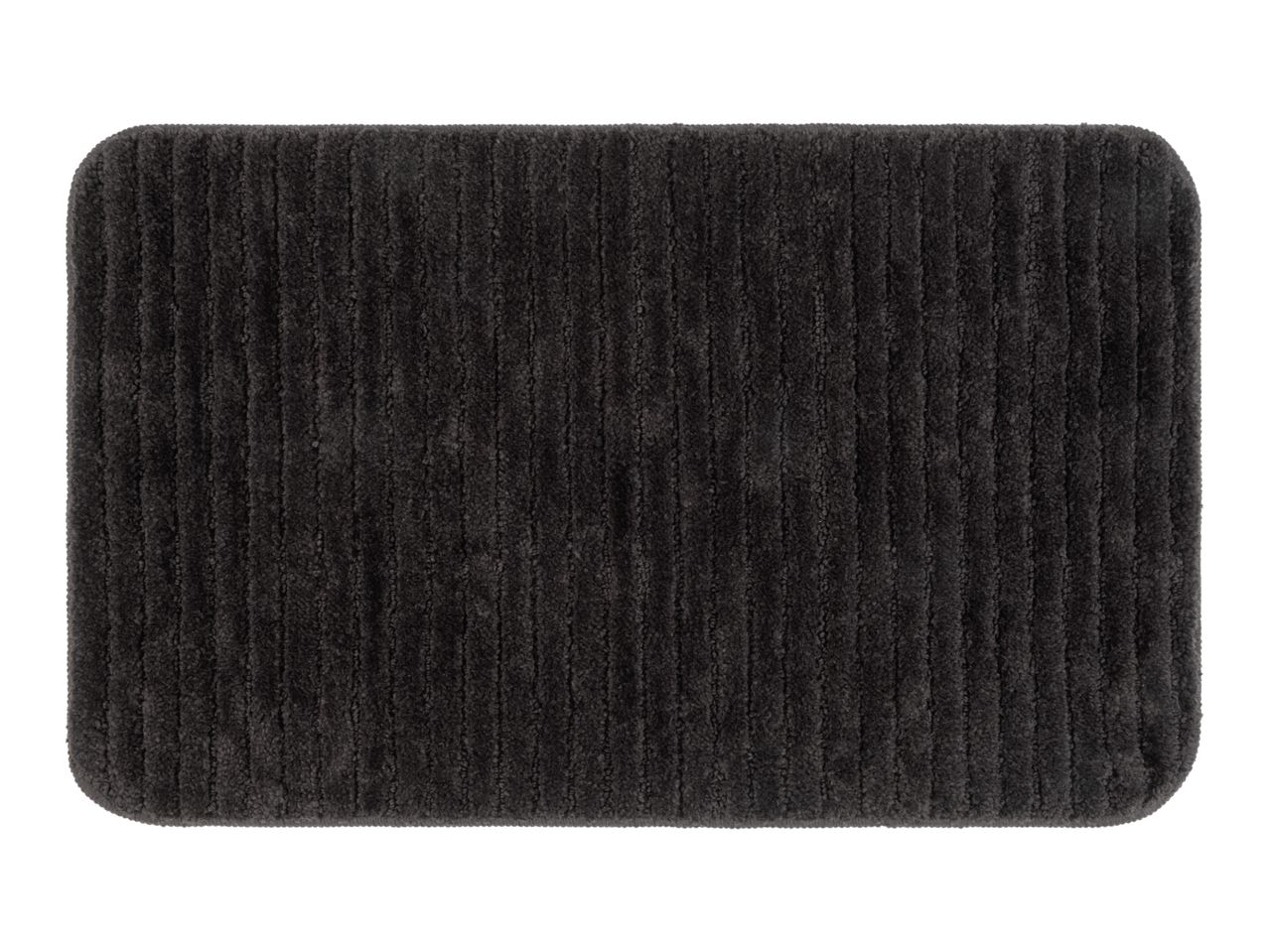 Dark grey rectangular bath mat with ribbed texture and rounded corners