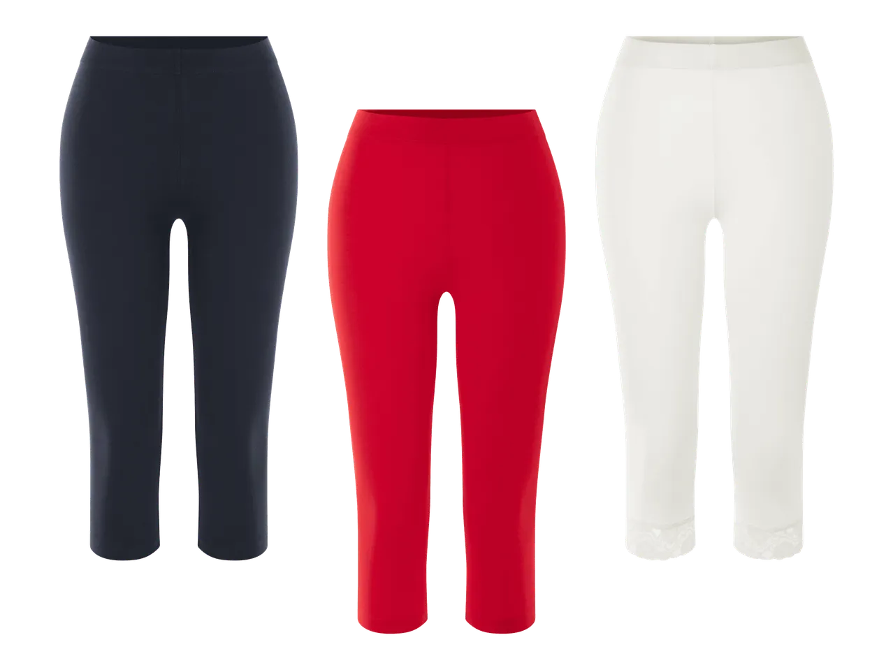 Kolmet capri-leggingsit: tummansiniset, punaiset ja valkoiset, joissa on pitsireuna.